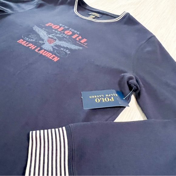 Polo Shirt Ralph Lauren Navy Blue Polo Eagle Logo Waffle Knit Crewneck - Picture 7 of 13